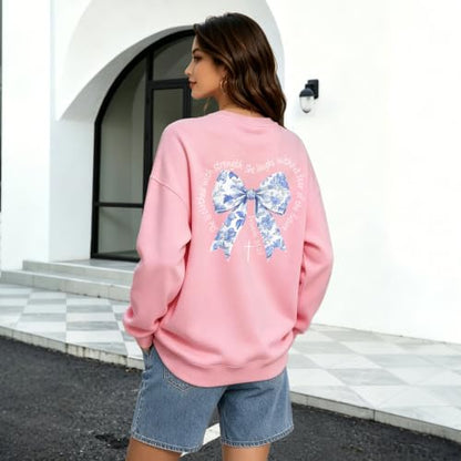 Bow Sweatshirt Christian Jesus Sweatshirts for Women Faith God Long Sleeve Shirts Bible Verse Graphic Pullover Gifts - color: Pink, size: XX-Large
