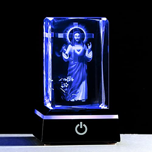 Movdyka 3D Crystal Cross Jesus Missionary Figurine with Colorful Light Base - color: jesus on cross