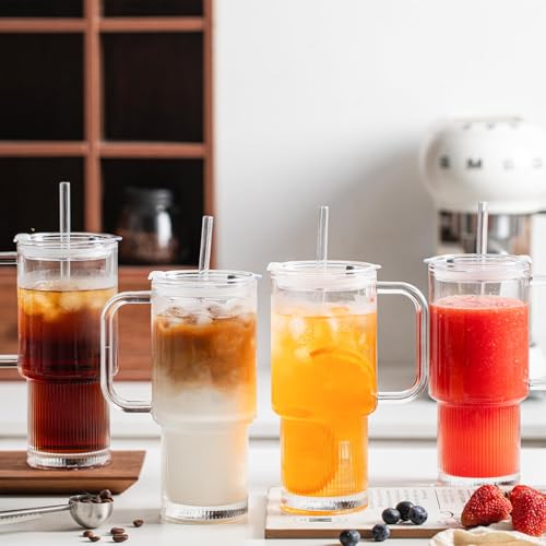 INSETLAN 26oz Glass Tumbler with Handle & Lid – 4-Pack Large Iced Coffee Cups with Straws, Modern Glass Mug for Cold & Hot Beverages, Aesthetic Travel Cup for Smoothies, Tea, and Juice - color: B-Clear-4PCS