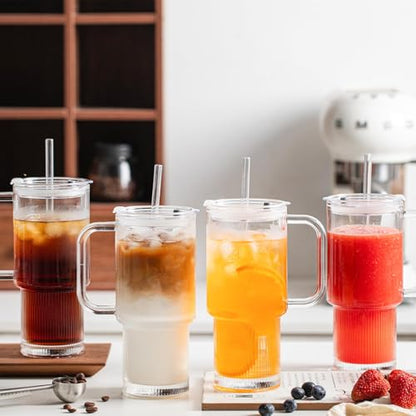 INSETLAN 26oz Glass Tumbler with Handle & Lid – 4-Pack Large Iced Coffee Cups with Straws, Modern Glass Mug for Cold & Hot Beverages, Aesthetic Travel Cup for Smoothies, Tea, and Juice - color: B-Clear-4PCS