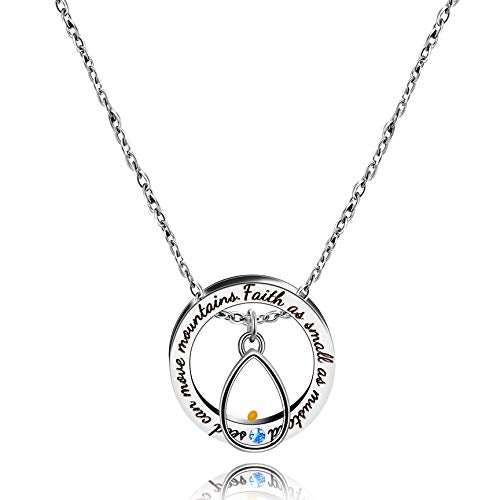 Uloveido Christian Circle Round Ring Necklace Engraved Faith As Small As A Mustard Seed Can Move Mountains Y958 - style: Blue CZ-drop