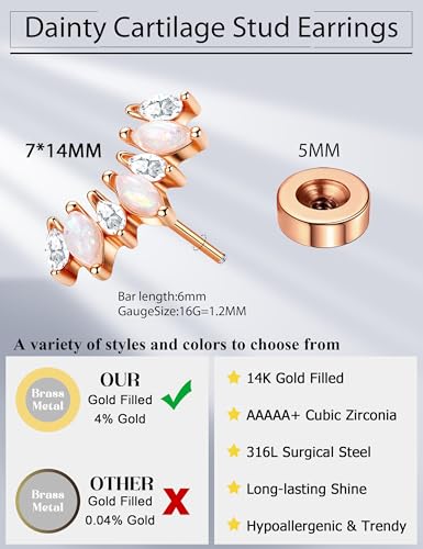 JeryWe Cartilage Earrings for Women Hypoallergenic Helix Piercing Jewelry - color: I:opal-rosegold filled