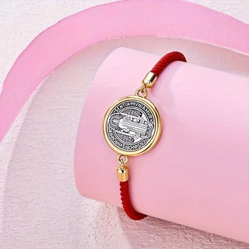 Catholic Bracelets St. Benedict Bracelet Red Rope Double Hole Pendant Couple Woven Bracelets Adjustable Black Bracelet - color: red