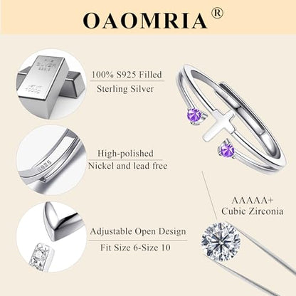 S925 Sterling Silver Cross Rings Birthstone Rings Christian Jewelry for Women Daughter, Easter Gifts, Confirmation and Baptism Gifts - color: 2-Feb