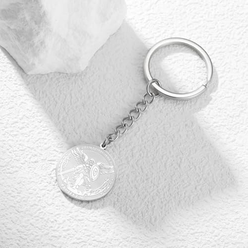 TEAMER Saint Michael Keychain Stainless Steel Religious St. Michael Keychain The Great Protector Archangel Amulet Jewelry - color: Silver
