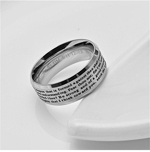 Men's Stainless Steel Bible Verse Christian Lord's Prayer Cross Ring Wedding Bands Engraved Praying - color: Silver