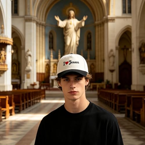 Embroidered Christian Two-Tone Baseball Cap for Men & Women, Adjustable Dad Hat Christmas Easter Gift - color: I Love Jesus Heart, Black/Beige