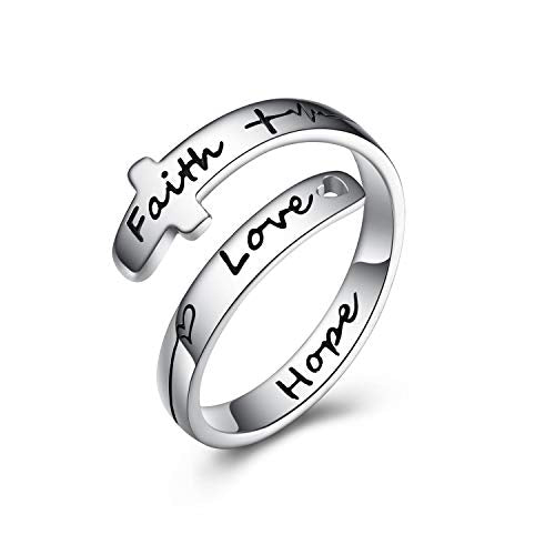POPLYKE Cross Rings Sterling Silver Faith Adjustable Wrap Rings for Women Inspirational Jewelry Gifts - color: Hope