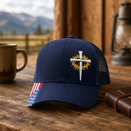 Christian Cross Baseball Cap for Men, American Flag - color: Navy Blue