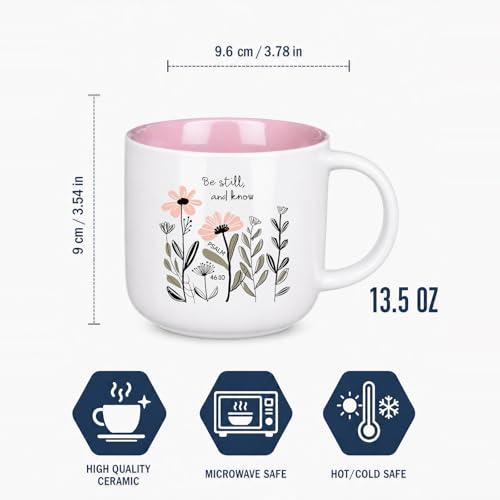 13.5 oz Round Ceramic Mug with Pink Interior, Be Still and Know Psalm 46:10 Text, Double-Sided Print, Microwave Safe, Christian Coffee Cup for Women