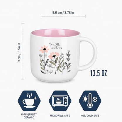 13.5 oz Round Ceramic Mug with Pink Interior, Be Still and Know Psalm 46:10 Text, Double-Sided Print, Microwave Safe, Christian Coffee Cup for Women
