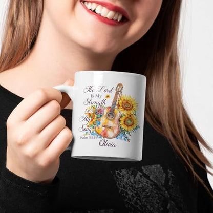 Religious Cup, Sunflowers And Guitar Design Mug, Personalized Name Christian Coffee Cup, Custom Bible Verse Mug 11oz 15oz, Customized Christian Themed Ceramic Cup, Gift For Friend Coworker - color: HOA-624-2165-MY STRENGTH AND SONG MUG