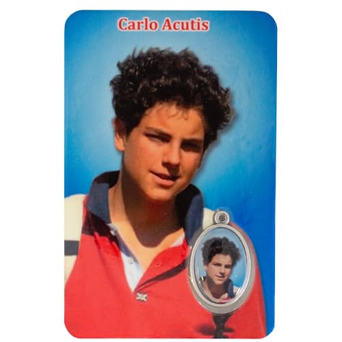 Holy Prayer Card with Built-In Medal Pendant | Laminated Full-Color Prayer Card | Great Variety | Great Christian Gift for First Communion and Confirmation (Saint Carlo Acutis Prayer Card with Medal) - color: Saint Carlo Acutis Prayer Card with Medal