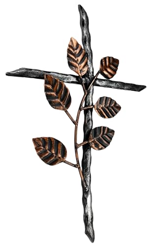12” Metal Wall Mount Cross – Floral Olive Branch – Holy Celtic Garden Crucifix Silver & Copper Finish, Modern Rustic Jesus Art Décor