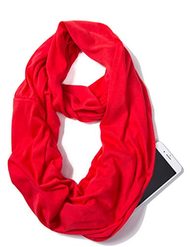 elzama Infinity Loop Solid Color Scarf With Hidden Zipper Pocket For Women - Lightweight Travel Neck Wrap - color: 09-red