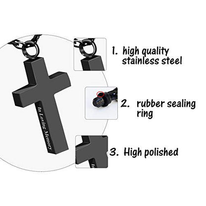 Cremation Cross Necklace for Ashes Stainless Steel Cross Urn Necklace Ashes Holder Memorial Jewelry-In Loving Memory - color: Black, style: Non-customize
