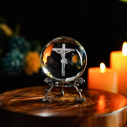 2.3in Jesus Crystal Ball with Stand 3D Cross Gift for Christian Catholic - style: Cross Jesus