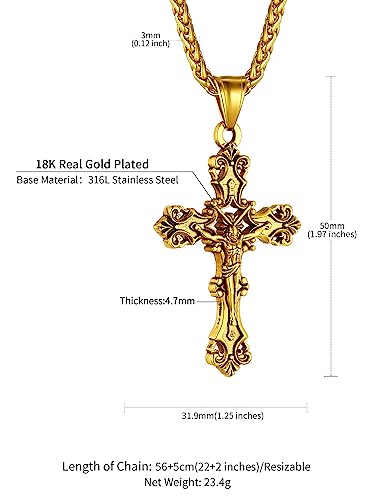 ChainsHouse Cross Necklace for Men, Black/18K Gold Plated/Stainless Steel Christian Jewelry Cross Pendant Necklace for Men, with Gift Box - color: a: Jecus Cross-Gold