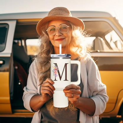 Personalized Gifts for Women, Customized Mother's Day, Birthday, Xmas Gift For Grandma, Mom, Wife, Friends, Sisters, Coworkers, Monogrammed Tumbler 40oz with Lid and Straw - color: M