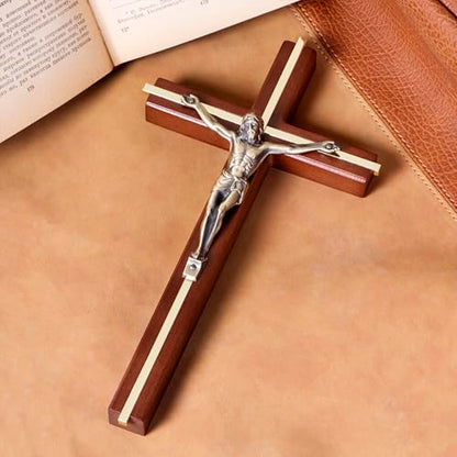 SISSIDA Wooden Crucifix Wall Cross, Handmade Catholic Home Decor, 10 Inch - color: Brown + Antique Brass
