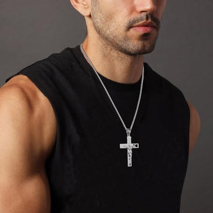HZMAN Men's Stainless Steel Cross Crucifix Bible Prayer Pendant Necklace - color: Silver
