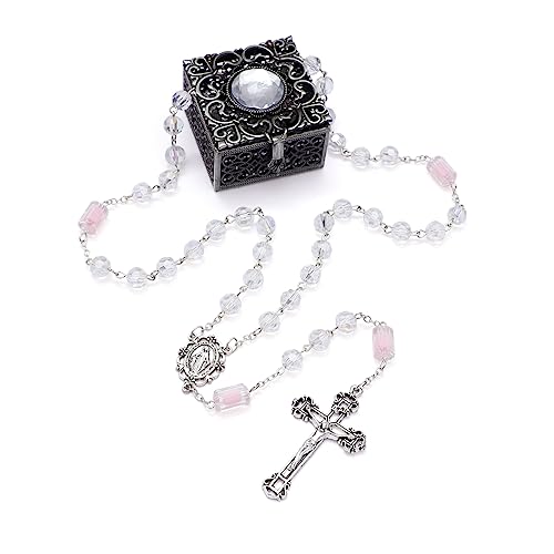 KOMI Rosary Beads Catholic for Women Gemstone Rosary Beads Necklace with Crucifix Cross Crystal Pearl Rosary Rosarios Catolicos Catholic Gifts - style: White rosary with box