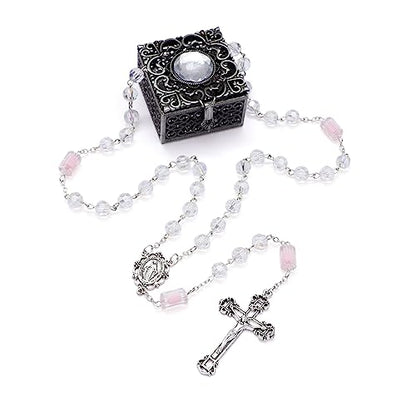 KOMI Rosary Beads Catholic for Women Gemstone Rosary Beads Necklace with Crucifix Cross Crystal Pearl Rosary Rosarios Catolicos Catholic Gifts - style: White rosary with box