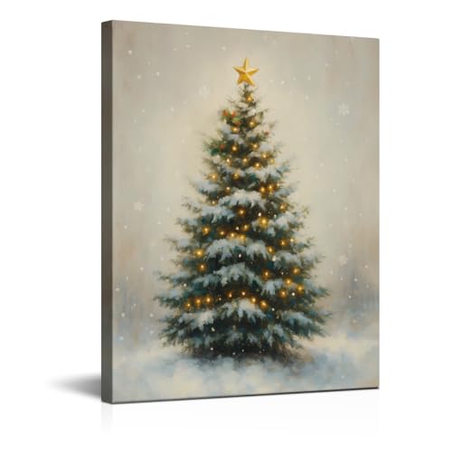 Vintage Christmas Decorations - Classic Christmas Tree Wall Art Picture Painting Artwork - Indoor Holiday Christmas Gifts Decor for Wall Table Mantel Home Farmhouse 8"x10" Framed - color: Tree