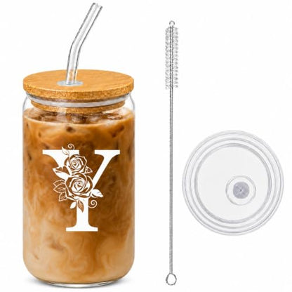 Personalized Cups, Custom Initial Tumbler, Cute Glass Tumbler, 16 oz Iced Coffee Cup, Personalized Gifts for Women, Letter Y Cup with Bamboo Lid and Glass Straw, Birthday Gifts, Best Friend - style: Y