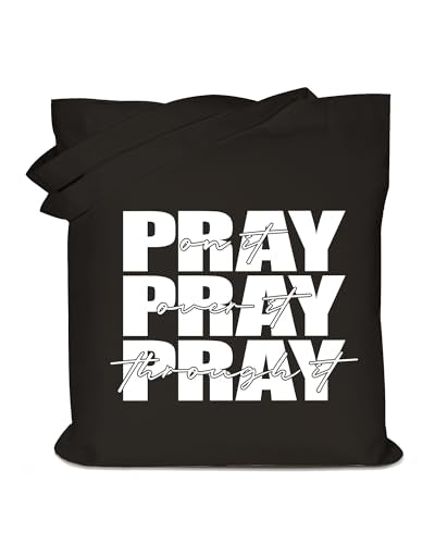 Women's Pray On It Pray Over It Pray Through It Canvas Tote Bag Religious Prayer Christian Gift Reusable Grocery Bag - color: Black