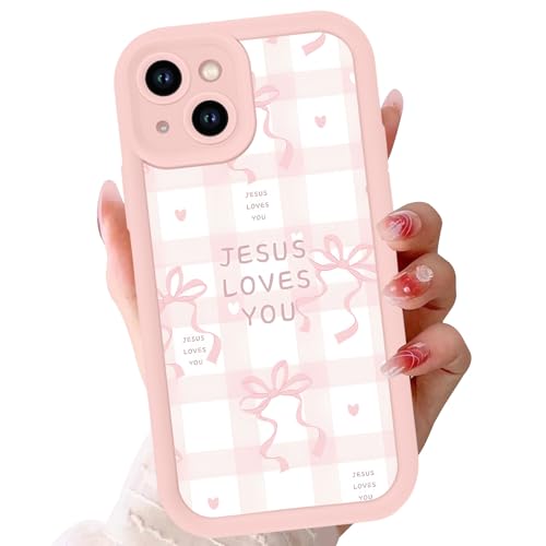 Cute Bow Phone Case for iPhone 14 6,1", Aesthetic Jesus Bible Verses Pink Ribbon Bowknot Pattern for Women Girls, Soft Silicone Protective Shockproof Phone Cover, Girly - color: Girly, size: for iPhone 14