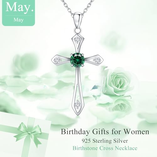 Cross Necklace for Women,925 Sterling Silver Faith Jewerly Gift - color: 05-May-Emerald