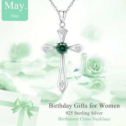 Cross Necklace for Women,925 Sterling Silver Faith Jewerly Gift - color: 05-May-Emerald