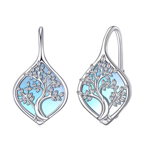 Celtic Trinity Knot Earrings for Women 925 Sterling Silver Triquetra Knot Leverback Abalone Shell Irish Jewelry Tree of Life Gift - style: moonstone tree of life