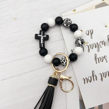Silicone Beaded Jesus Cross Wristlet Keychain Leather Tassel,Key Ring Wrist Bangle,Key Chains Bracelet Women - color: Black Cross