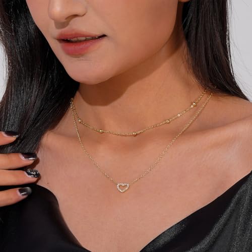 Layered Necklaces for Women | 14K Gold Plated Stackable Choker Necklace Set - Dainty Jewelry Gift - style: 2PCS-Gold heart layered necklaces