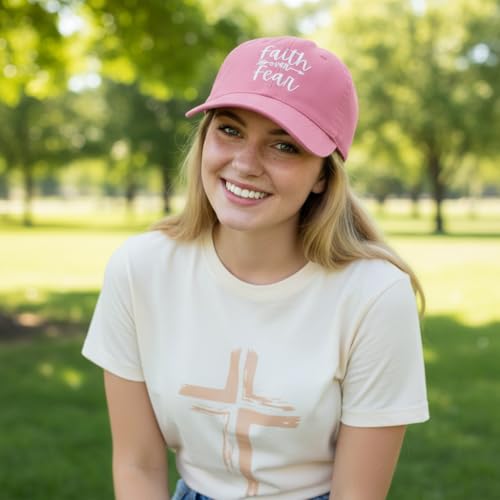 Faith Over Fear Christian Hats, Embroidered Baseball Caps for Adults - color: Pink White
