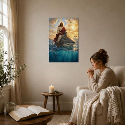 Humorous Christian Jesus Wall Art Jesus Riding Shark Religious Wall Art - color: Art-39, size: 40"L x 28"W