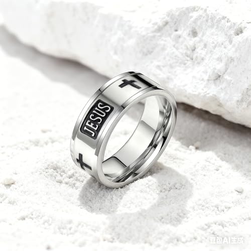 Retro Minimalist Cross Ring 8mm Stainless Steel Black Oxidation Corrosion Ring Anti Tarnish Classic Band Ring Fashion Jewelry for Men Women,Size Available - style: Polished cross