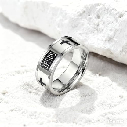 Retro Minimalist Cross Ring 8mm Stainless Steel Black Oxidation Corrosion Ring Anti Tarnish Classic Band Ring Fashion Jewelry for Men Women,Size Available - style: Polished cross