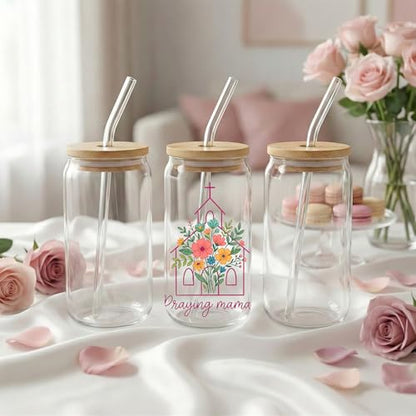 Praying Mama Floral Christian Glass Cups With Wood Lids And Straws, Women Of The Bible Glass Tumbler, Glass Can With Design, Mothers Day Gift Glass Cup, Bridal Party Gifts, Mom Iced Coffee Mug