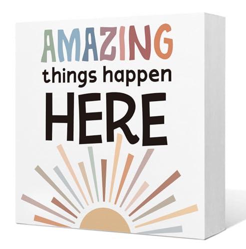 Inspirational Boho Wooden Box Sign, Boho Classroom Decor, Amazing Things Happen Here Positive Motivational Wood Signs for Home Classroom Playroom Nursery Desk Table Shelf Decoration, 5x5 Inch - color: Amazing Things