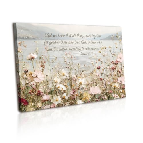 Bible Verse Romans 8 28 Wall Art Gallery Wrapped Canvas Prints Scripture Quotes Wildflower Landscape Picture Poster for Living Room Bedroom Christian Religious Artwork Wall Decor Home Decoration 24x16 Inch - color: Red; Gray, size: 24x16 Inch