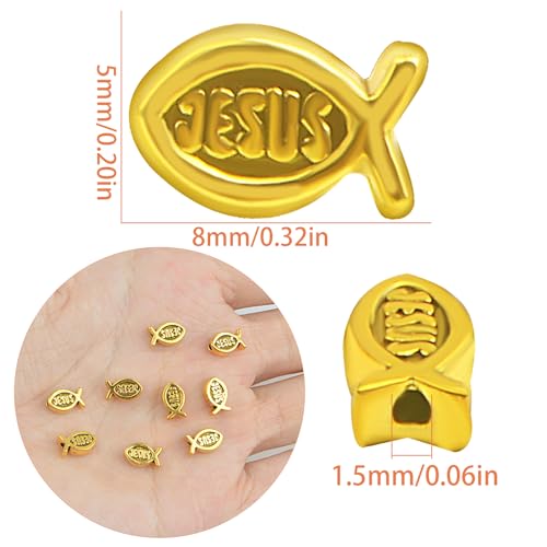 100pcs Jesus Fish Spacer Beads Religious Charm Beads Tibetan Alloy Christian Fish Shape Loose Beads for DIY Bracelet Necklace Jewelry Making Supplies - color: Antique Golden