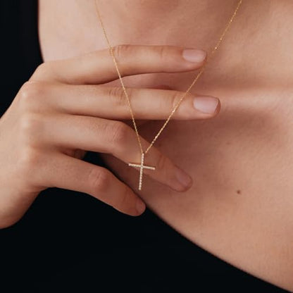 Gelin Dainty Elongated Pave Diamond Cross Necklace for Women in 14K Solid Gold, 18 Inch Chain