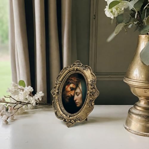 Christian Jesus and Mary Embrace Small Bronze Oval Picture Frame, Bible Verse Mini Ornate Photo Frame for Wall Art Decor TableTop Prayer Room, Vintage Framed Artwork Gifts for Office 4x5in - color: embrace