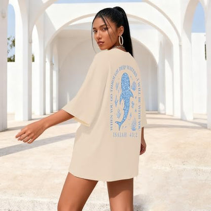 Christian Oversize Shirt for Women Jesus Faith Bible Verse Graphic Tee Tops - color: Apricot, size: Small