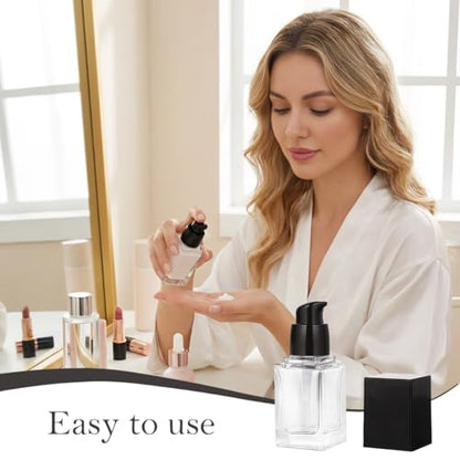 2Pcs 15ml/0.5oz Empty Clear Square Glass Emulsion Essence Bottle With Black Pump Head Cosmetic Foundation Travel Vials Containers Holder For Lotion Cleanser Essential Oils Liquids Body Cream