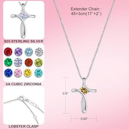 Cross Necklace for Women 925 Sterling Silver Birthstone Necklace for Women - color: 11-Nov-Topaz