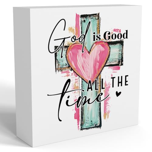 Valentines Day Decorations, Valentines Day Gifts for Her Him, Gift for Boyfriend Girlfriend, Romantic Watercolor Cross Anniversary Christian Wooden Box Sign Husband Wife Home Office Desk Decor - color: God Is Good All the Time-1